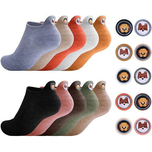 Sporzin Sneaker Socken Damen 39-42 & 35-38, 10 Paar Bunte Lustige Baumwolle Socken für Sneaker Damen mit Fersen-Motiv Stickerei, Alltag und Sport