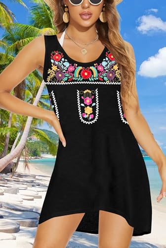 Image of MOUSYA Women Mexican Embroidered Dress for Women Summer Tank Boho Dress Casual Sleeveless Sundress Black