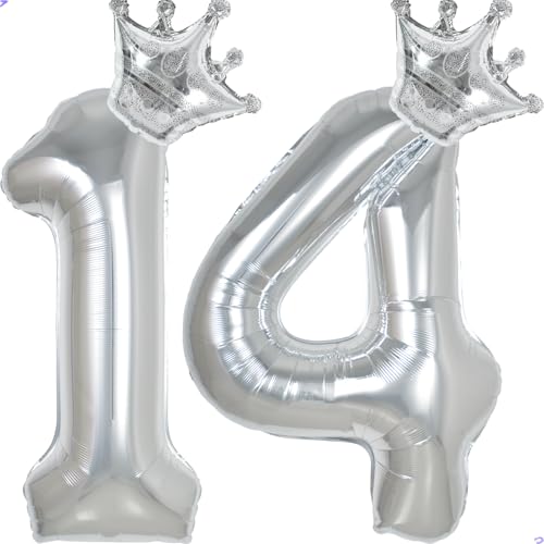 14 Balloon Numbers 40 inch Silver Number Balloon for 14th Birthday Decorations for Girls Boys, Giant Jumbo Foil Mylar 14 Birthday Balloons