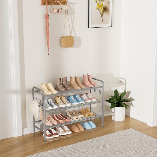 Image of VILICK 3 Tier Shoe Rack 33 inch Wide Metal Shoe Organizer Long Shoe Storage with 4 Side Hooks Sturdy Shoes Shelf for Front Door Entrance, Closet, Garage, Dorm, Grey