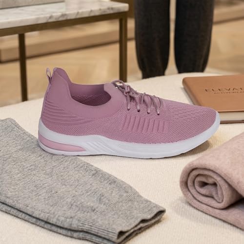 Image of Women's Lightweight Knit Sneakers, Pink, Lace-Up Running, Gym and Walking Casual Sports Shoes