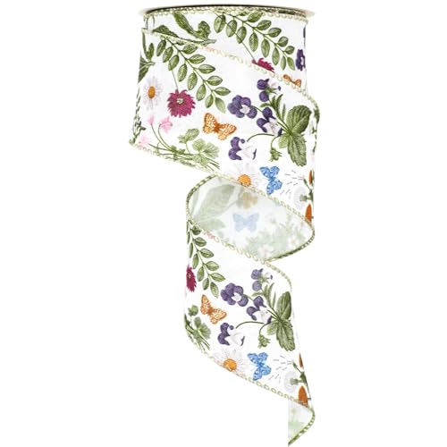 JarThenaAMCS Green Wildflower Wired Edge Ribbon Wild Floral Craft Ribbon Retro Fabric Ribbon for Spring Wreath Bow Making DIY Crafts Wrapping Party Decor Supplies 12 Yard
