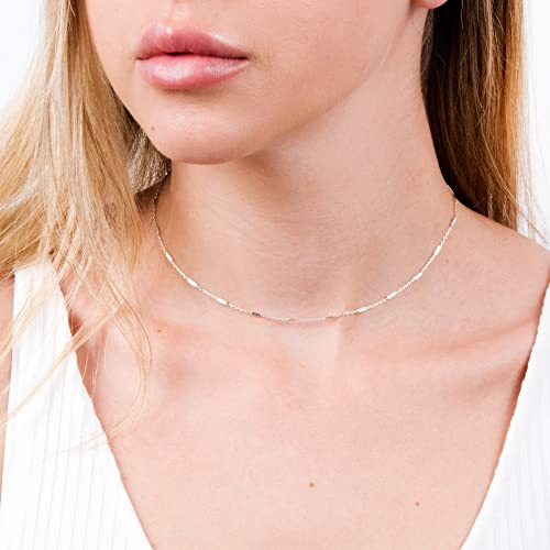 Tooliks - Delicate Sterling Silver 925 Choker Necklace - Handmade Short Satellite Chain With Tiny Tube Bars - Length 13.5 + 3" Extender #TOP1