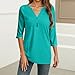 3/4 Length Sleeve Womens Tops Plus Size, Shirts V Neck Tee with Buttons Fall Winter Outfits Black Blouses for Women Clothes 2025 Trendy Business Fleece Lined Tops Blouse (L, Turquoise)