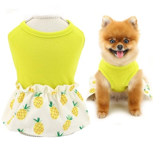 SMALLLEE_LUCKY_STORE Dog Dresses for Small Dog Girls Comfortable Puppy Vest Dress with Pineapple Spring Summer Stretchable Breathable Pet Skirt Chihuahua Yorkie Cat Clothes, Yellow, S