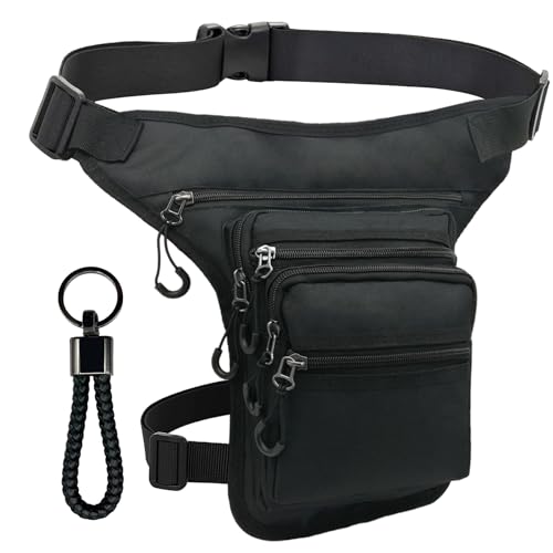 AHR Quality Riñonera Pierna (Multi Bosillos) Riñonera Moto Lateral Pernera Moto con Tiradores y Pernera Extraible, Riñonera Trabajo Militar 5 Bolsillos y Doble Sujeción Unisex