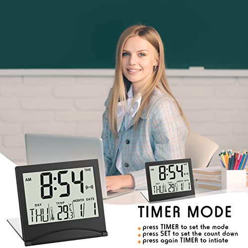 4 Pcs Digital Travel Alarm Clock Battery Operated Compact Foldable Calendar Temperature Timer Lcd Clock With Snooze Portable Large Number Display Desk Clock, Multifunction Black And No Backlight #TOP4
