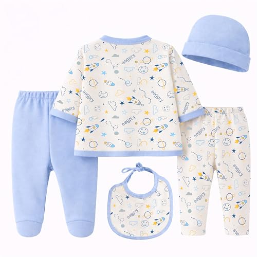 Image of Kidbee Baby Clothing Gift Set for Boys & Girls, 5 Piece Newborn Clothing Combo with Front Open Top, Pajama, Printed Pant, Cap & Bib, Soft Cotton, 0-6 Months Baby