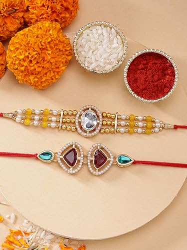 Image of Sukkhi Rakhi Excellent Kundan & Pearls Designer Gold Plated Premium Rakhi for Brother with Roli Chawal & Greeting Card|Rakhi for Brother /Bhaiya /Bhai /Men|Kundan Rakhi|Rakhi Combo-Set of 2
