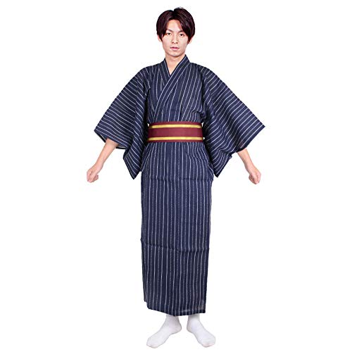 Men's Japanese Traditional Kimono Robe Long Sleeve Spa Bathrobe Easy Wearing Yukata Sleepwear Nightgown Unisex OBI Belt Set Navy Stripe