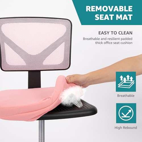 Image of OLIXIS Armless Office Chair, Ergonomic Desk Chair with Wheels, Mesh Back, Removable Washable Foam Cushion, Height Adjustable Rolling Swivel Chairs for Small Space, Home, Office, Pink