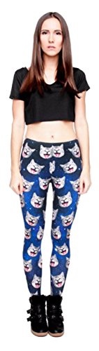 Kukubird Motifs imprimés Legging de Yoga pour Femme Gym Running Pilates Pantalon Skinny 8 à 12 Extensible - Chat Gris Galaxie