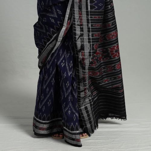 Image of ODISHAHANDLOOM Sambalpuri Pure Cotton Handloom Saree, Traditional Ikat Pattern, Red and Green, Without Blouse