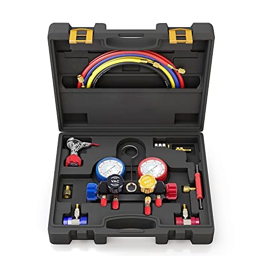 4 Way A/C Manifold Gauge Set Fits R134A R410A and R22 Refrigerants with 5 Feet Hose, 3 Acme Tank Adapters, Adjustable Couplers and Can Tap