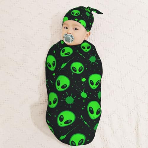 Image of Green Alien Head Newborn Swaddle Blankets Hat Sets Soft Baby Receiving Blanket Swaddle Sack for Baby Shower Infant Boy Girl Gift