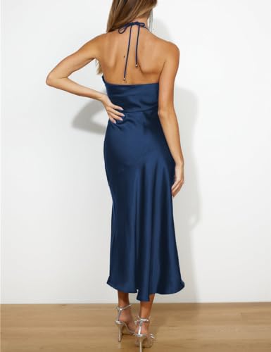 Image of VUBIYA Women's Summer Satin Strapless Slit Halter Midi Dress Wedding Guest