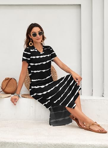 Image of MISFAY Womens Maxi Dress Short Sleeve V Neck Loose with Pockets | Soft stretchy breathable, v neck loose fit, side split hem, two side pockets, casual daily beach vacation travel dress