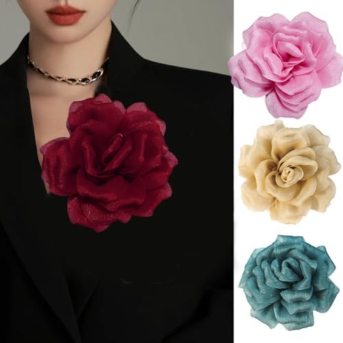 Image of Flash Camellia Flower Brooch Pin for Women Men Elegant Texture Fabric Dahlia Rose Floral Brooches Lapel Pins Dainty Wedding Holiday Party Costume Dress Accessories Jewelry