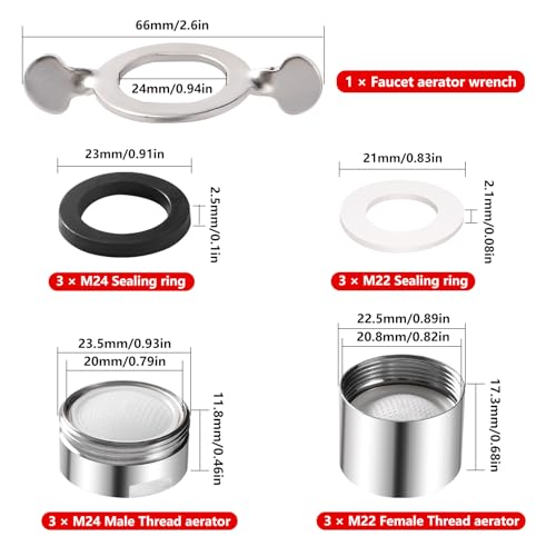 YIXISI 6 PCS M22 Female Thread + M24 Male Thread Faucet Tap Aerator, with Faucet Aerator Wrench and 6 Rubber Gaskets - Image 3