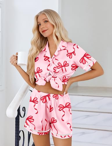 Image of Ekouaer Womens Silk Pajama Sets Button Up Satin Pjs Short Sleeve 2 Piece Pj Sets Cute Lounge Sets with Chest Pocket