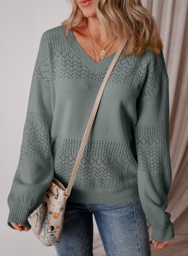 Image of SHEWIN Women's Sweaters Casual Long Sleeve V Neck Crewneck Lightweight Crochet Pullover Sweater Tops