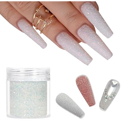 Laza White Nail Glitter Powder Nail Shimmer Snow Nail Powder Diamond Dust Glitter Ultra-fine Glitter Sequins PET Flakes Pixie Sparkle Fairy Shiny Nail Art Decoration Sugar Glitter for French Manicure Cover