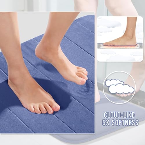 Image of Yimobra Memory Foam Bath Mat Set, 2 Pieces Soft Bathroom Rugs, 17x24 and 24x20.4 U-Shaped, Non Slip, Thick, Dry Fast, Navy Blue