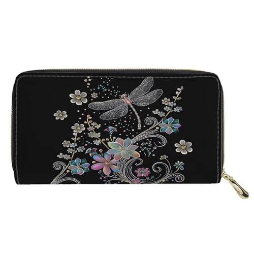 Womens Wallet Dragonfly Long Clutch Large Capacity Purse Billfold Wallet PU Leather Clutch Bag, Flower Black2