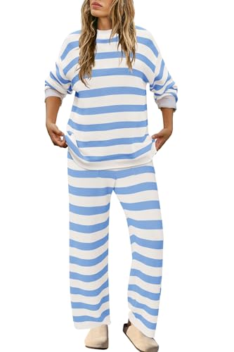Image of SENSERISE Womens Striped Set Sweater Lounge Sets Matching Fall Outfits Long Sleeve Tops and Pants with Pockets
