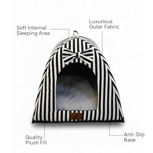 Image of PETS EMPIRE Soft Cozy Pet Hut Bed for Cats, Kittens & Puppies - Comfortable Fabric, Indoor Sleeping Bed, White & Black Stripes
