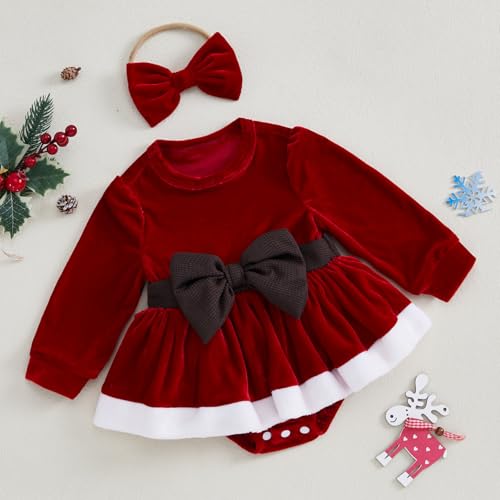 Baby Girl Christmas Outfit Bow Velvet Long Sleeve Romper Dress Newborn Infant Baby Girls Fall Winter Clothes (Red White, 0-3 Months)3
