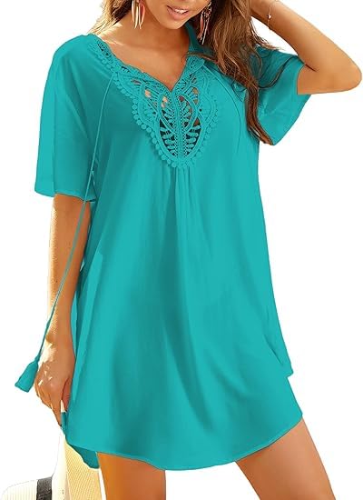 ELESOL Swimsuit Cover Ups for Women Lace Crochet V-Neck Bikini Beach Coverups Dress for Swimwear Bathing Suit