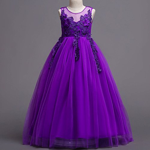 Little Big Girl Bridesmaid Pageant Flower Princess Wedding Formal Prom Floor Long Tulle Dress Dance Evening Maxi Gown Purple 14-15 Years #TOP1