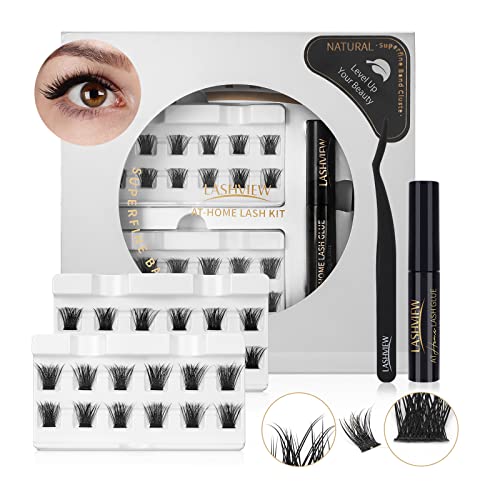 LASHVIEW DIY Eyelash Extension,Individual Cluster Lashes,Natural Cluster Pre-cut Lashes,Home Eyelashes Extension Kit with Cluster Lashes Glue and Tweezers,Featherlight Synthetic Lashes,Reusable(56D-mix12/14mm)