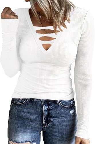 TrendiMax Damen Langarmshirt Gerippt Stretch Pullover Elegant Langarm Oberteile Tee Shirts V Ausschnitt Casual Bluse Basic Tops, Weiß, M