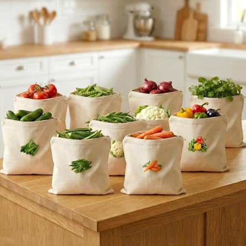 Image of Reusable Cotton Vegetable Storage Bags with Zipper Eco Friendly Washable Produce Bags for Fridge Kitchen Organizer Food Storage Pouches (Pack Of 30)