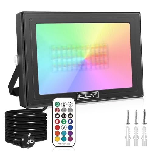 CLY RGB LED Strahler, 60W RGB Strahler mit Fernbedienung 12 Farben 24 Modi Farbwechsel Dimmbar RGB Fluter, Memory Funktion Flutlicht, IP66 Wasserdicht Au&szlig;enstrahler f&uuml;r Garten Party Aussen Baum