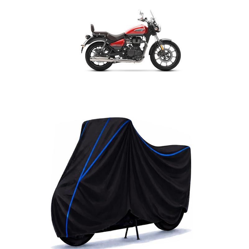 Image of Meteor Bike Cover Water Resistant Universal Motorcycle Rain | Heavy Duty UV Protection, Dust, Scratch Indoor Outdoor All Weather with Black Blue Piping Elastic