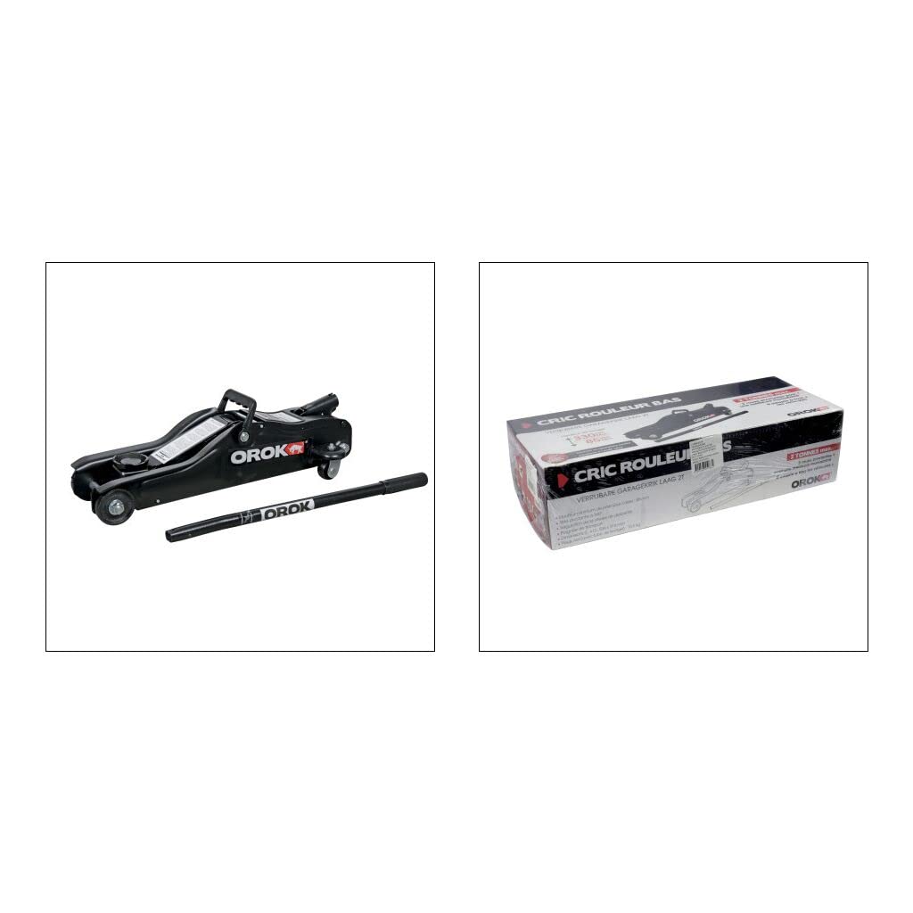 OROK 645186 Cric Hydraulique Rouleur Bas 2 Tonnes – Cric Voiture Profil Bas 85 à 330 mm – Tête Pivotante 360° – Descente Réglable – roulettes Pivotantes – Conforme en 1494, Noir
