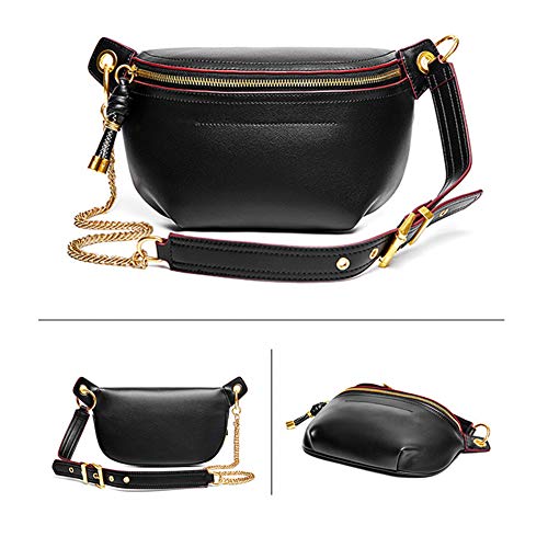 Women Chain Strap Cross-body Bags Genuine Leather Waist Bag with Zipper Closure for Daily (Black)3