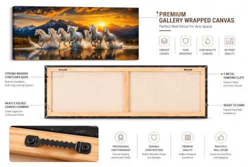 Image of 7 Horse Vastu Sunrise Canvas Painting | Positive Energy Wall Decor | Big Size Premium Running Horses Artwork for Home, Office & Hall Decoration (Modern, Hills White, 44x20 Inch)