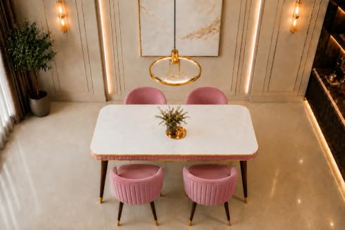 Image of WOODEN SPACE Majestic 4 Seater Wooden Dining Table Set | Urban Marble Top Dining Table with Chairs for Dining Room & Kitchen (Pink Majestic Backline)