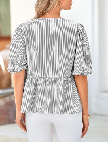 PRETTYGARDEN Women's Tie Front Striped Shirt 2025 Summer Trendy Fashion Cute Babydoll Tops Peplum Puffy Sleeve Blouse2