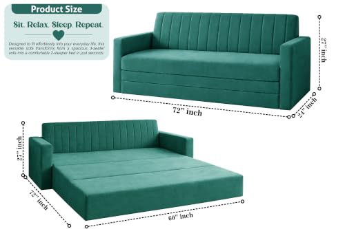Image of 3-Seater Velvet Sofa Cum Bed with Armrests | Modern Convertible Sleeper Couch | Stylish Sofa Bed for Living Room, Bedroom & Office | Green