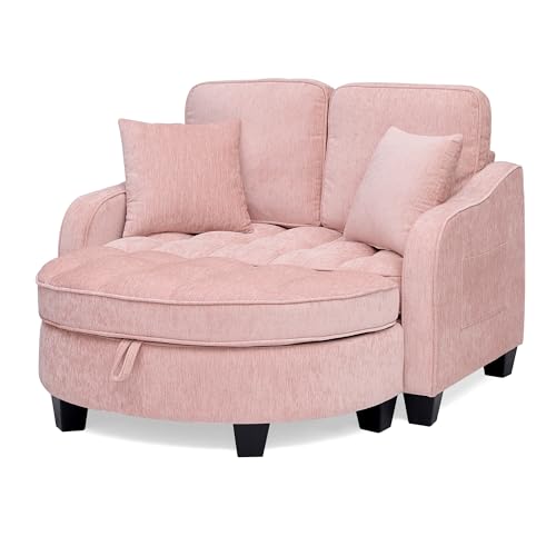 Image of ERYE Chenille Tufted Loveseat Sofa and Ottoman Set, Tufted Recliner Sleeper Chaise Lounge with Curved Storage Ottoman,Reclining Backrest and Side Pockets, 4 Pillows