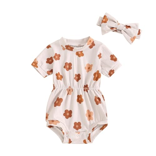 Image of FOCUSNORM Baby Girl Summer Clothes Ribbed Short Sleeve Romper Solid Color Bodysuits Bow Headband Outfit Newborn Girl Jumpsuit