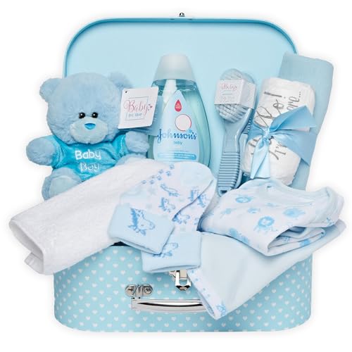Cesta de Bebé Recién Nacido Niño Estilo Maletín – Caja de Recuerdos de Bebé Azul con Osito, Muselina, Ropa y Otras Cosas de Bebé Esenciales - Cesta de Bebé para Baby Shower