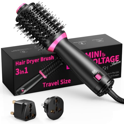 BKXCHA 3en1 Cepillo Secador de Pelo, Doble Voltaje, Iones Negativos, Cepillo Secador de un Solo Paso,2 Temperaturas y 2 Adaptadores,Cepillo de Aire Caliente para Secar,Alisar y Dar Volumen al Cabello