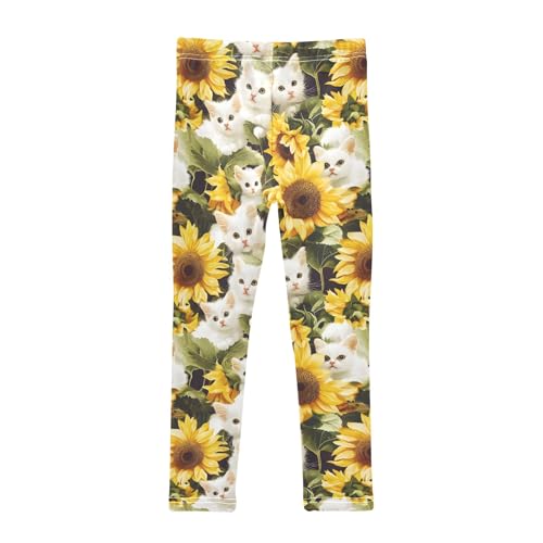 White Cat Sunflowers 1 Girls Leggings Athletic Pants Tights Stretch Bottom2