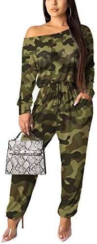 Women One Shoulder Jumpsuit - Casual Fall Long Sleeve Loose One Piece Pants Suit Set Club Outfit Camo S